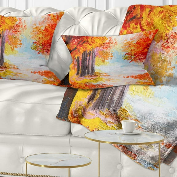 Designart Orange Forest in Autumn - Landscape Printed Throw Pillow - 12x20