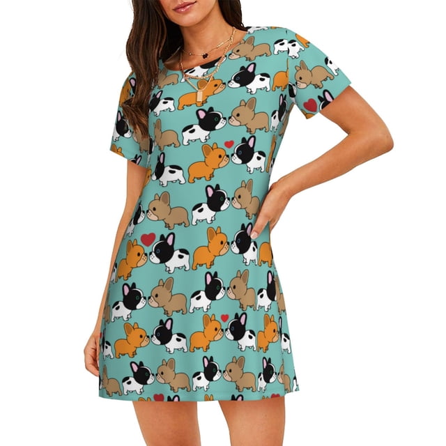 Fotbe Cute French Bulldog Bata de Dormir para Mujer con Estampado, Camisón de Algodón de Manga Corta, Ropa de Dormir Casual
