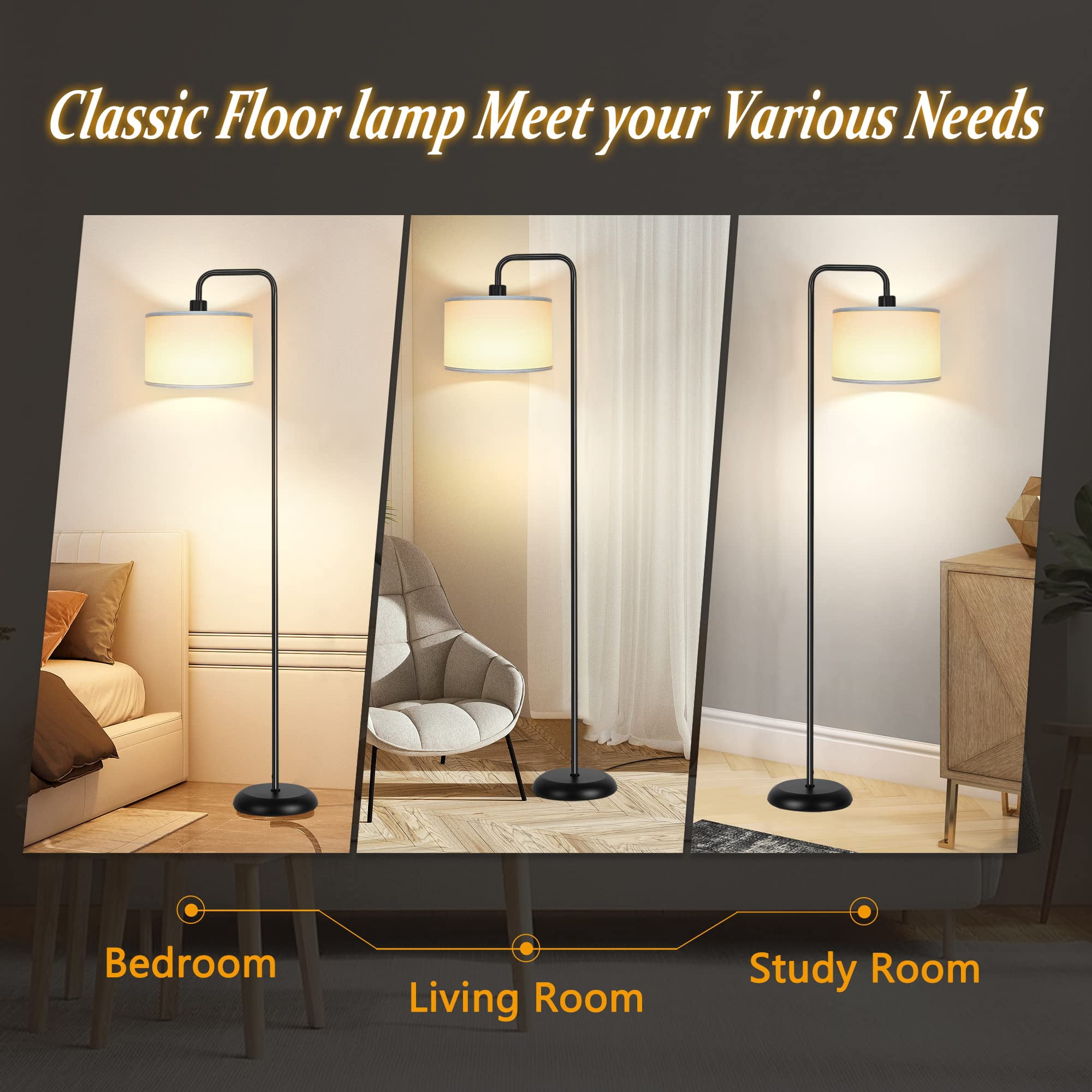 [upgraded] Led Floor Lamp For Living Room  3 Color Temperature With Foot Modern Standing Tall Pole Reading Bedroom Study Office 9w Bulb Included Black