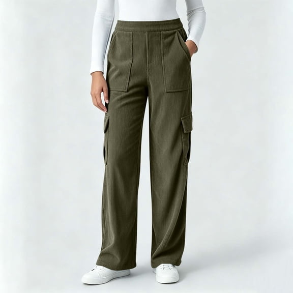 Corduroy Wide Leg Cargo Sweatpants for Women Elastic Waist Sweatpants Casual Solid Color Pockets Long Pants Workout Lounge Trousers with Pockets