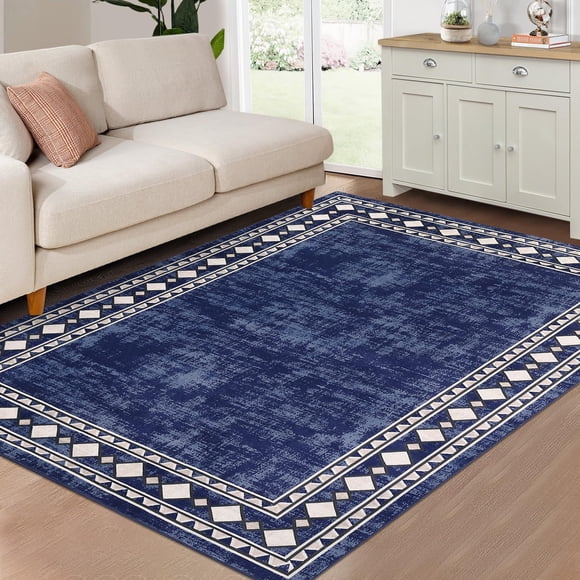 Machine Washable Area Rug 9x12 Ft-Modern Geometric Carpet - Non Slip Low Pile Floor Rug - Ultra Soft Stain Resistant Design for Living Room Bedroom Nursery - Easy Clean Durable - Blue