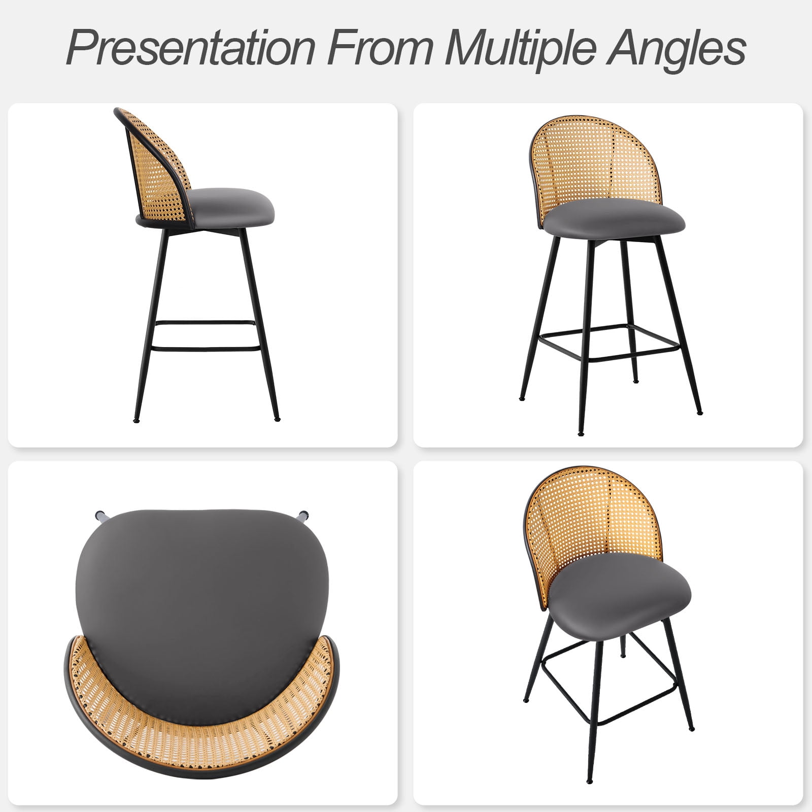ANMINY Rattan Swivel Bar Stools, 26" Counter Height Set of 4, Upholstered Chairs Barstools with Full Back and Metal Legs Modern PU Fabric Seat for Kitchen Island