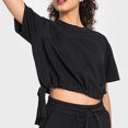 thumbnail image 3 of Camisa con cordón en la cintura Manga corta Cuello redondo Color puro Hombro caído Camiseta holgada para mujer para deportes Negro 10, 3 of 8