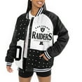 thumbnail image 3 of Women's Gameday Couture  Black/White Las Vegas Raiders Oversized Hot Shot Rhinestone Throwback Full-Snap Varsity Bomber, 3 of 6