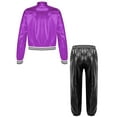 thumbnail image 4 of YiZYiF Boys Girls Jazz Hip Hop Dance Costume 2 Piece Set Metallic Shiny Bomber Jacket and Sweatpants Purple&Black 6, 4 of 7