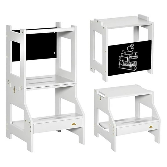 2-in-1 Kitchen Step Stool Toddler Standing Tower with Chalkboard & Safety Rail – Gray, For Kitchen, Bathroom, Bedroom