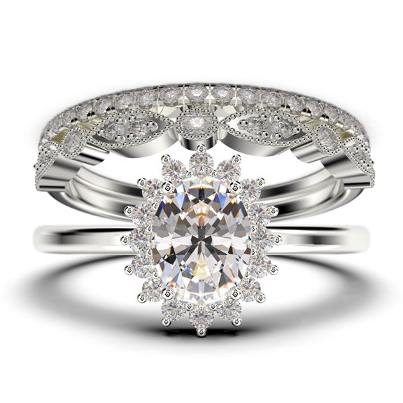Beautiful Minimalist 2.50 Carat Oval Diamond Moissanite Engagement Ring, Halo Wedding Ring, Two Matching Band in 925 Sterling Silver With Plain 18k White Gold Plating Band Gift For Her