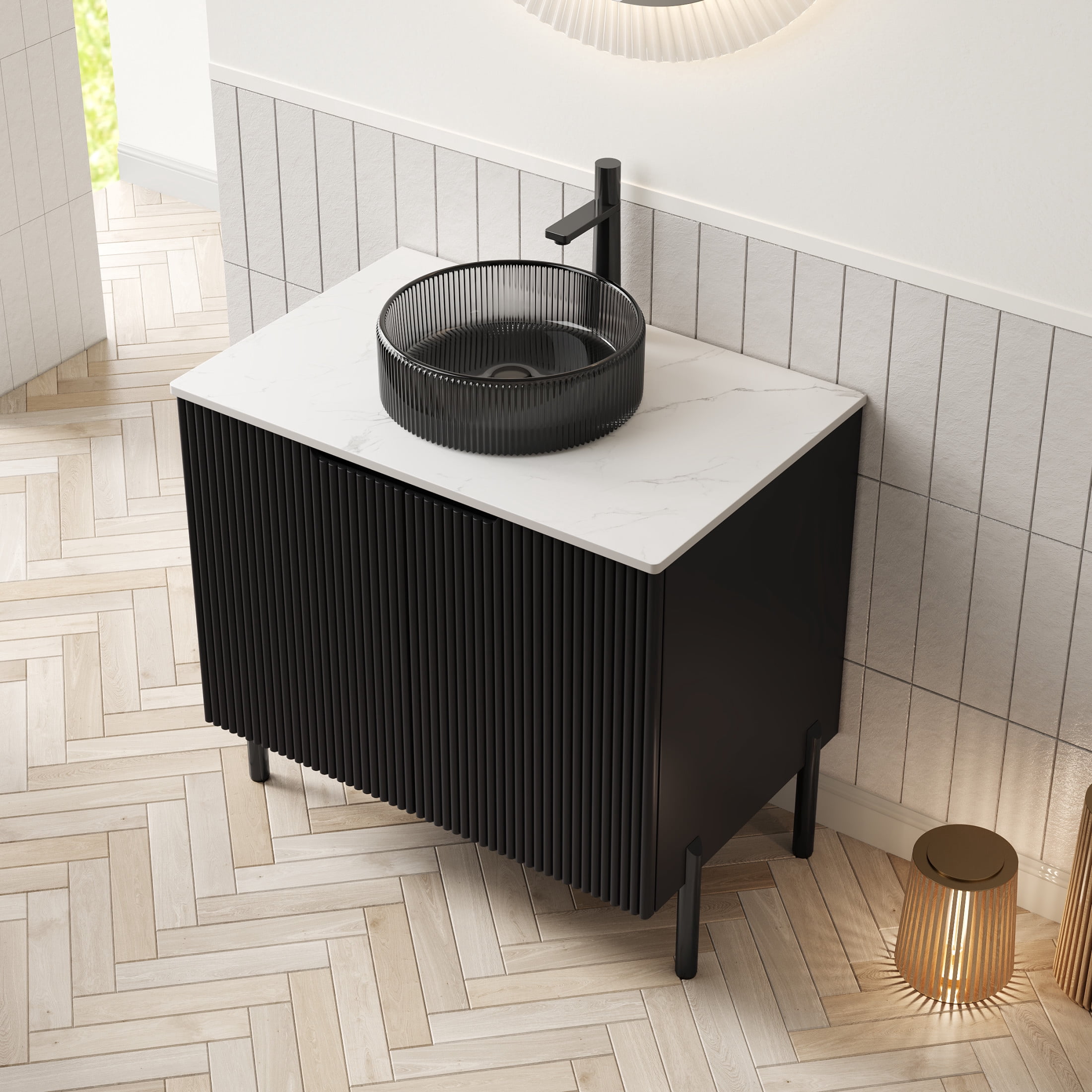 Noble House TURIO 30" Bathroom Vanity with Sintered Stone Countertop, Storage Cabinet, Black Glass Round Basin, Black