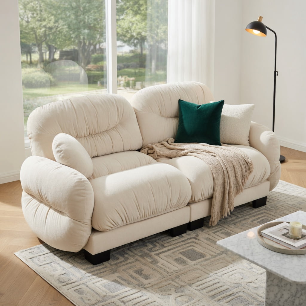 Hommoo Chenille 2-Seater Modular Sofa with Pleated Back, Ergonomic High-Density Foam Cushions, Curved Armrests & 2 Round Throw Pillows, Beige