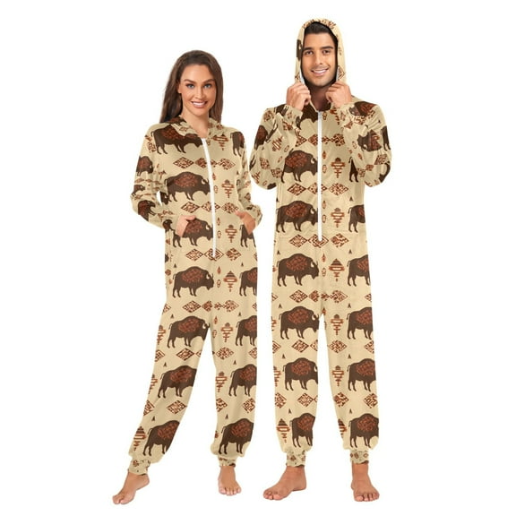 Adult Christmas Onesie Bison Adult Zipper One-Piece Pajamas Unisex Pajamas with Pockets