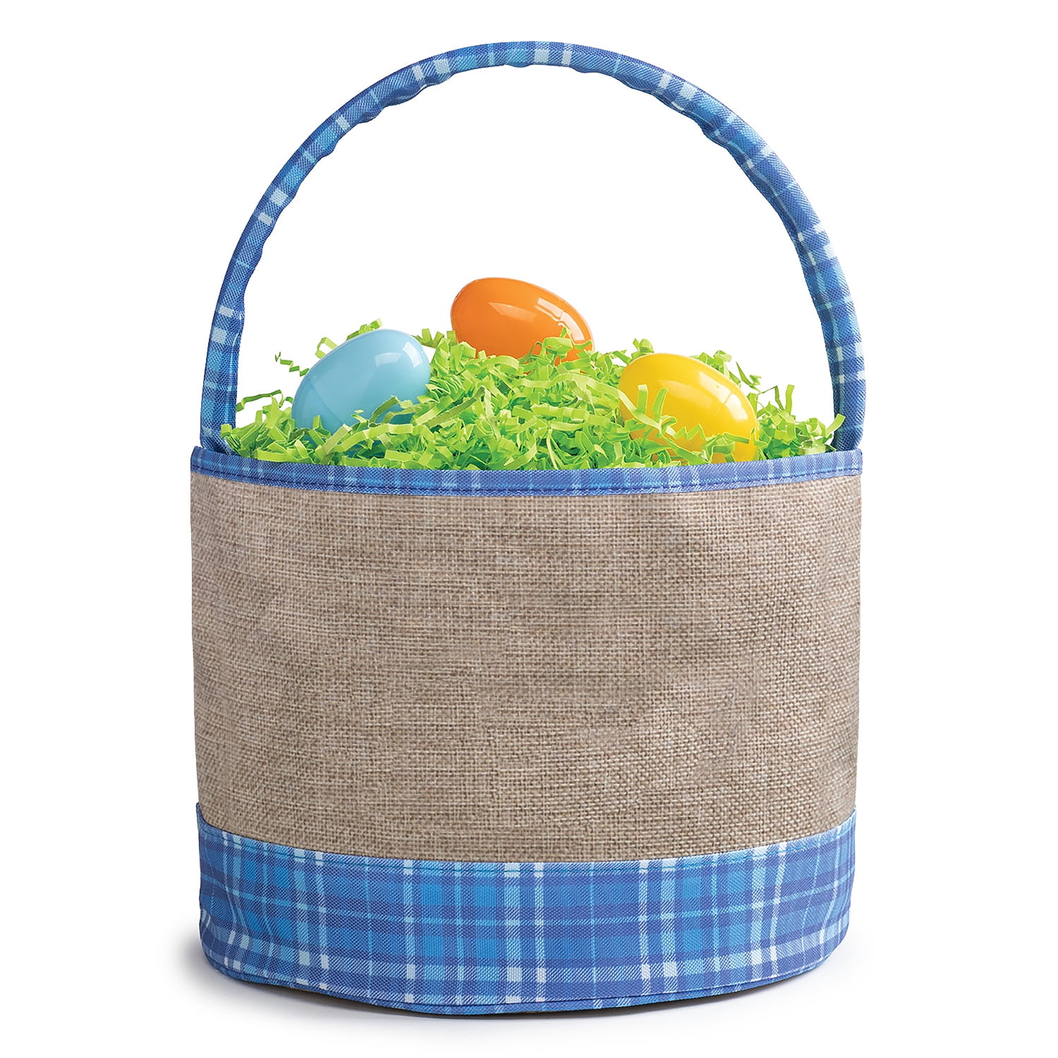 Personalized Blue Plaid Burlap Easter Bucket Bag with Custom Name Embroidery, Blue Letters