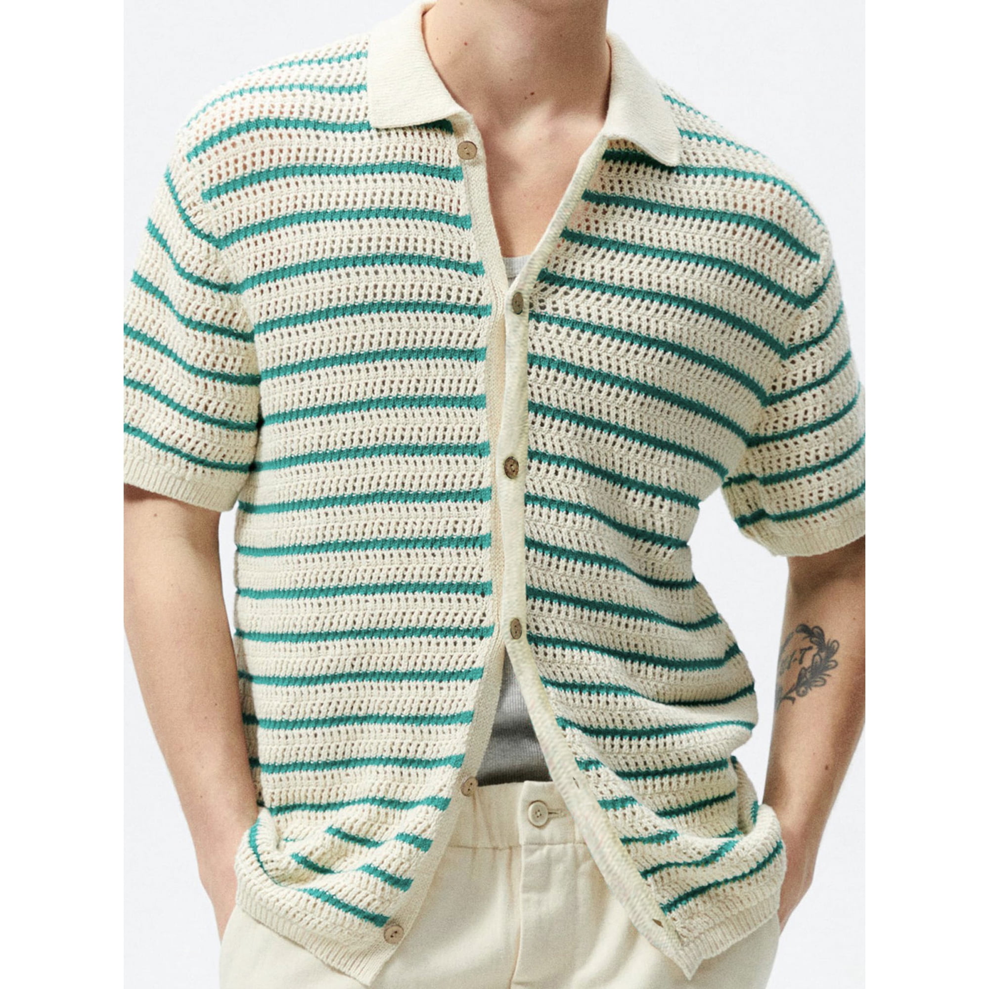 FOCUSNORM Men Knit Button Down Shirts Casual Short Sleeve Lapel Collar Striped Contrast Color Loose Shirts Sweaters Walmart