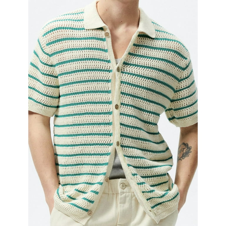 Bslissey Men s Knit Cardigan Striped Contrast Color Short Sleeve Button Loose Shirt Sweater Male Fashion Lapel Crochet Knitwear for Streetwear Walmart