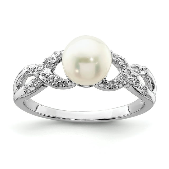 925 Sterling Silver Rhodium Plated Diamond and Freshwater Cultured Pearl Ring