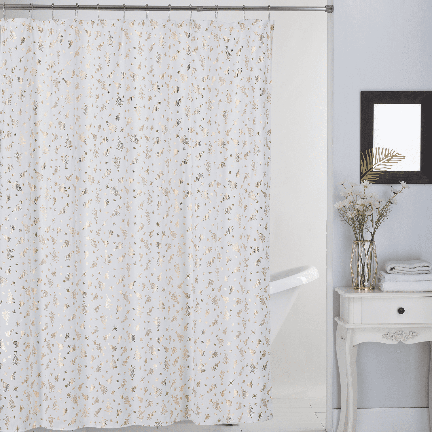 13 Pc Shining Microfiber Shower Curtain Set With Roller Hooks Holiday Bathroom Décor White Gold Com 13 Pc Shining Microfiber, Holiday Themed Shower Curtains