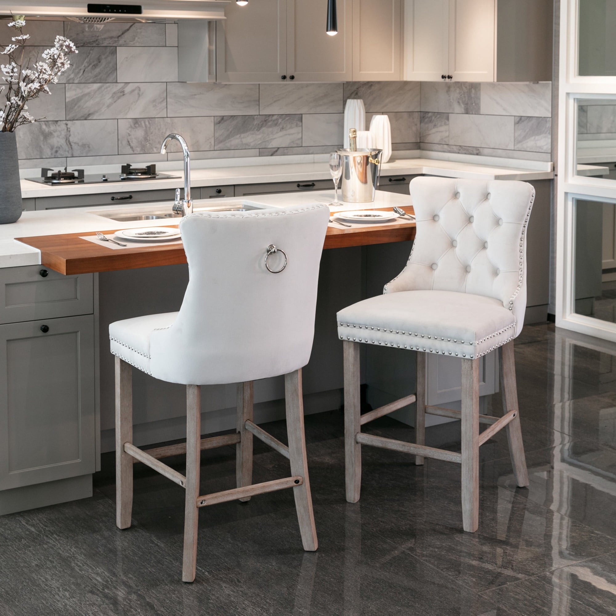 Button Tufted Upholstered Velvet Bar Stools with High Backrest, Solid Wood Legs, and Rivet Detailing, Beige, Set of 2
