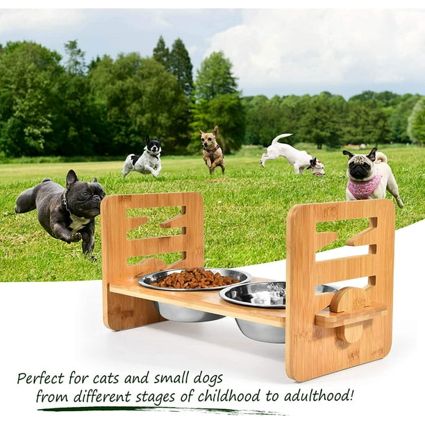 Elevated Dog Bowls for Small Dogs, Adjustable Slanted Raised Dog Bowls for  French Bulldog, Tilted Easy Eat Pet Feeder, Bamboo Feeding Stand