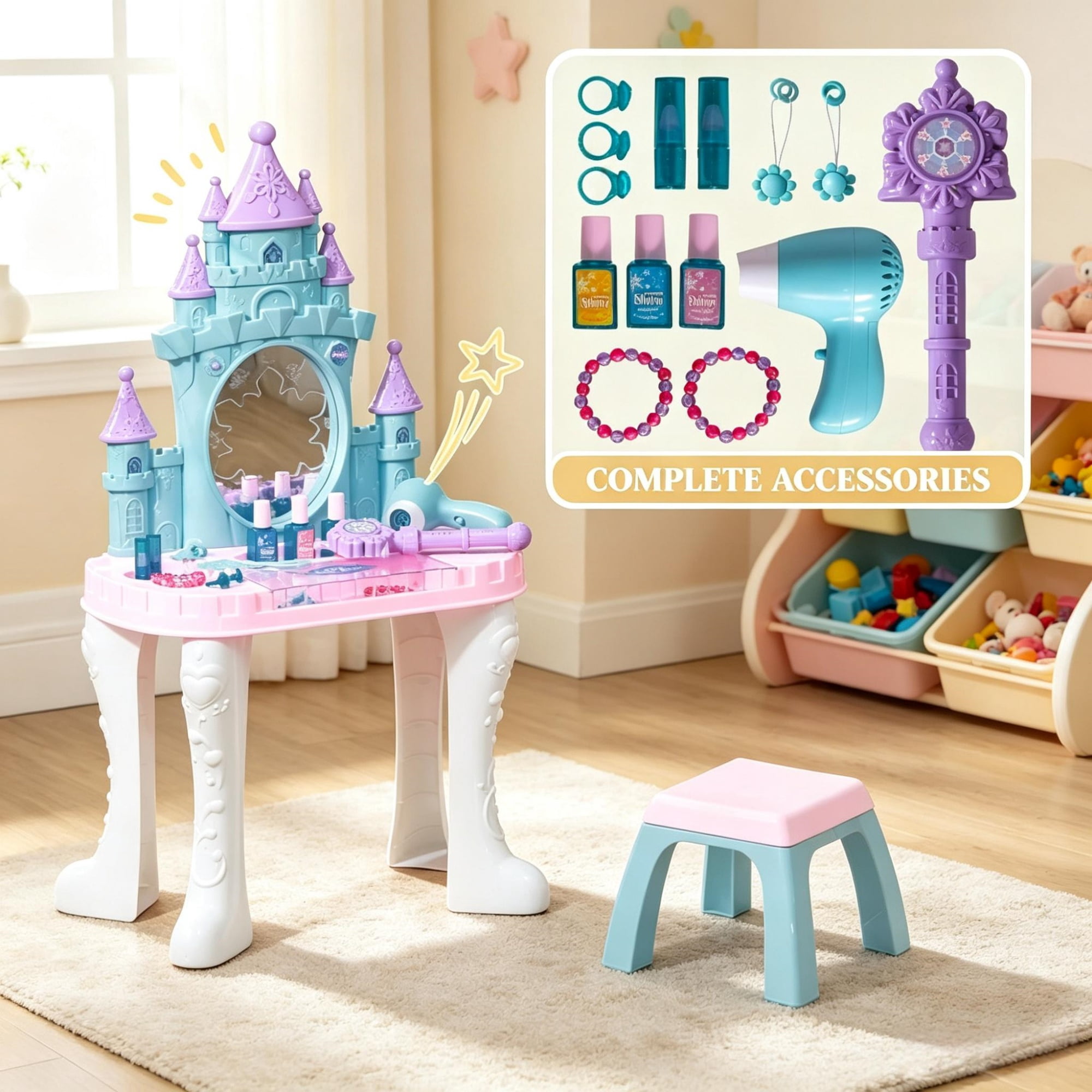 Kids Dressing Table with Mirror Lights and Magic Wand for Ages 3-6