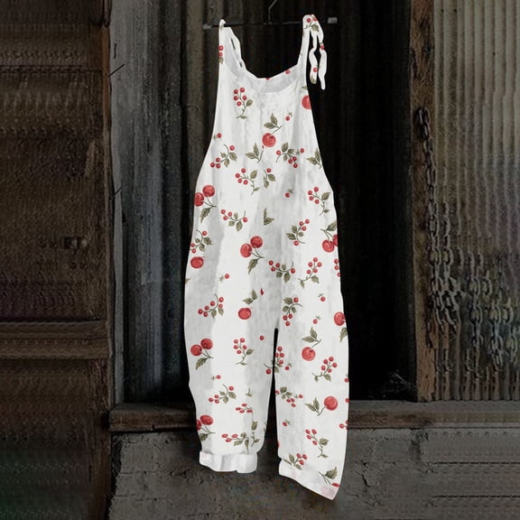 Iaqnaocc Jumpsuits for Women Casual Sleeveless Spaghetti Strap Rompers Boho Cherry Print Wide Leg Jumpsuits Overalls for Women Dressy Trendy Outfits Clothes Red XL