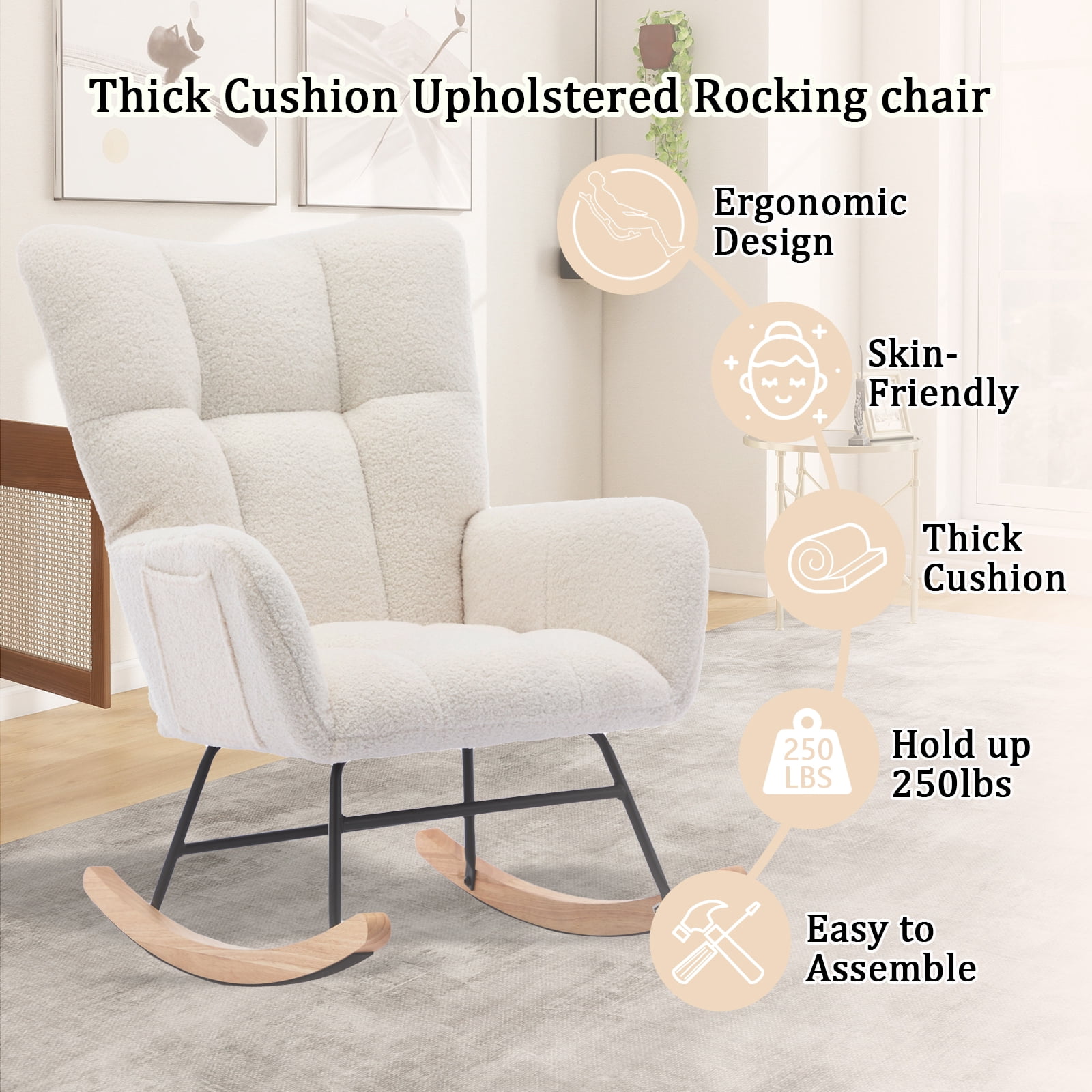 SENCHO GINSYTALIOR Nursery Rocking Chair Teddy Upholstered Glider Rocker,Rocking Accent Chair Padded Seat with High Backrest ,Solid Wood Legs for Nursery Bedroom Living Room