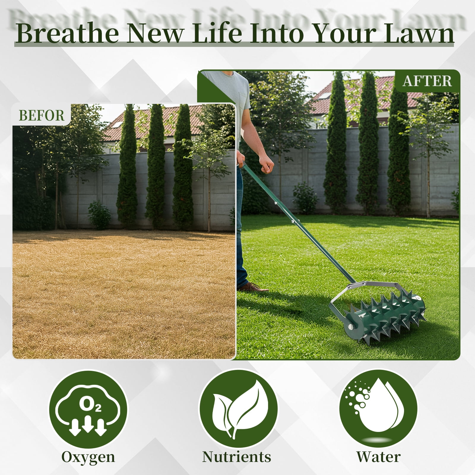 18in Lawn Aerator, Heavy Duty Rolling Aerator Lawn Tool, Manual Lawn Aerator Yard Aerator