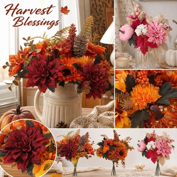 Autumn Fake Flower Bouquet, Fall Foliage Stems, Artificial Flowers for Decoration, Autumn Decorations for Home, 16 Inch Thanksgiving Orange Artificial Sunflower Floral Bunch with