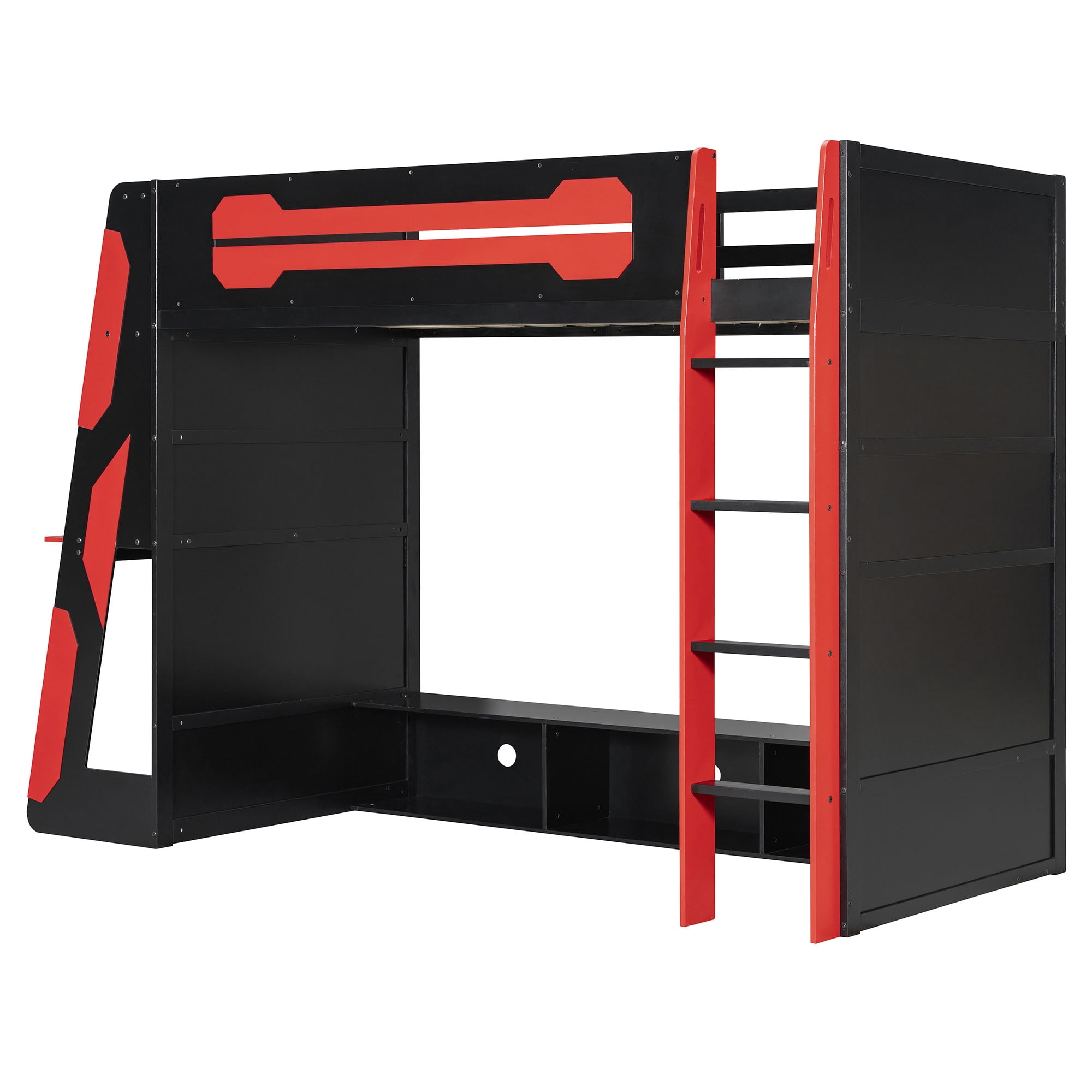 Mintazer Twin Size Gaming Loft Bed with Desk, LED Light & Charging Station, Kids Platform Bed Frame with Storage Shelves for Teens, Black & Red