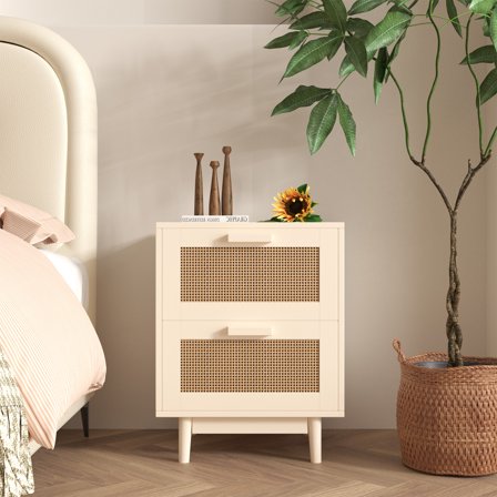 Noble House Savoy Rattan Nightstand with 2 Drawers, Wood End Table Bedside Table with Rattan Fronts, White & Natural