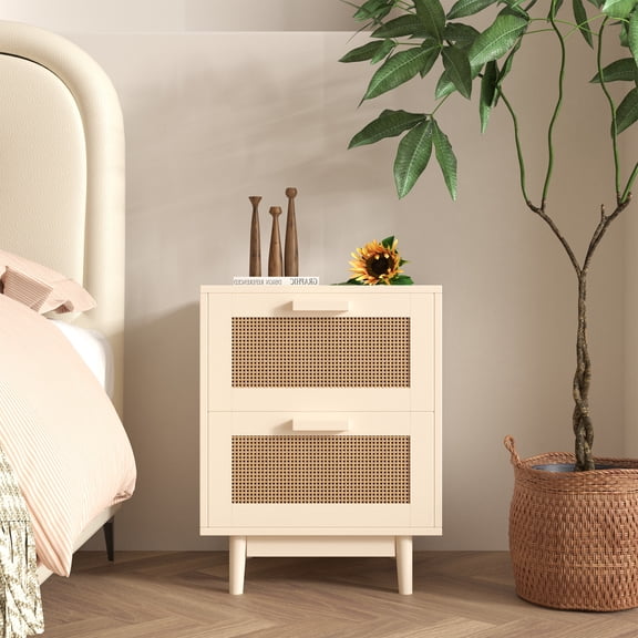 Noble House Savoy Rattan Nightstand with 2 Drawers, Wood End Table Bedside Table with Rattan Fronts, White & Natural