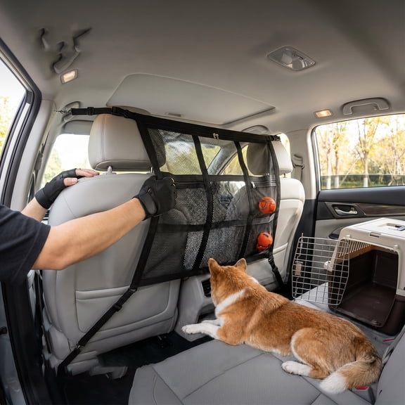Dog Car Barrier for SUV Heavy Double Layer Mesh Pet Divider for Vehicles Adjustable Universal Fit Dog Travel Barrier for Cars Trucks & SUVs Cargo Area Safety Gate with 3 Zipper Storage Pocket