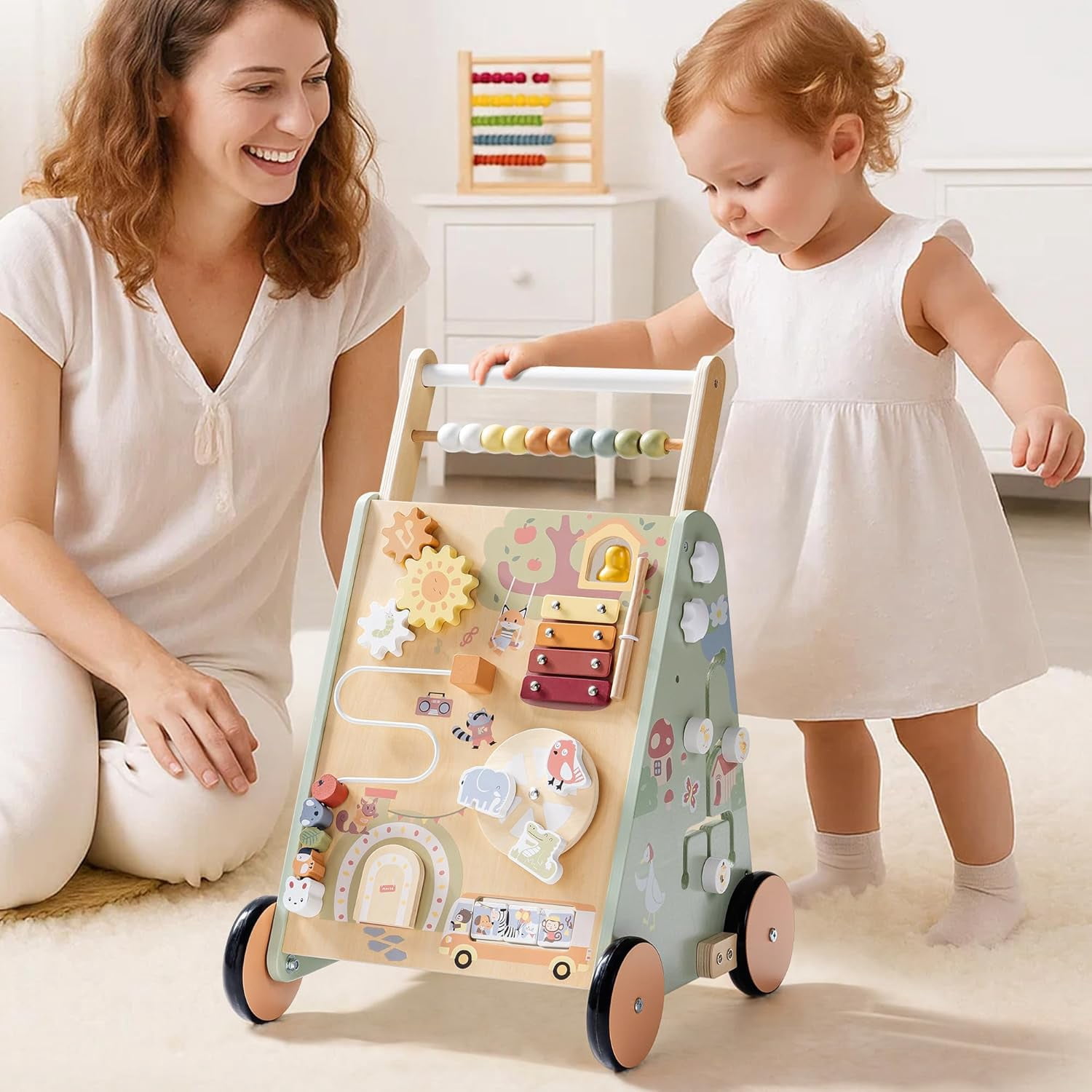 Robud Wooden Baby Walker, with Wheels, Montessori Push Toys for Babies 10M+ Learning to Walk, Baby Walkers Activity Center for Boys and Girls, Green, Forest Fairy Tale