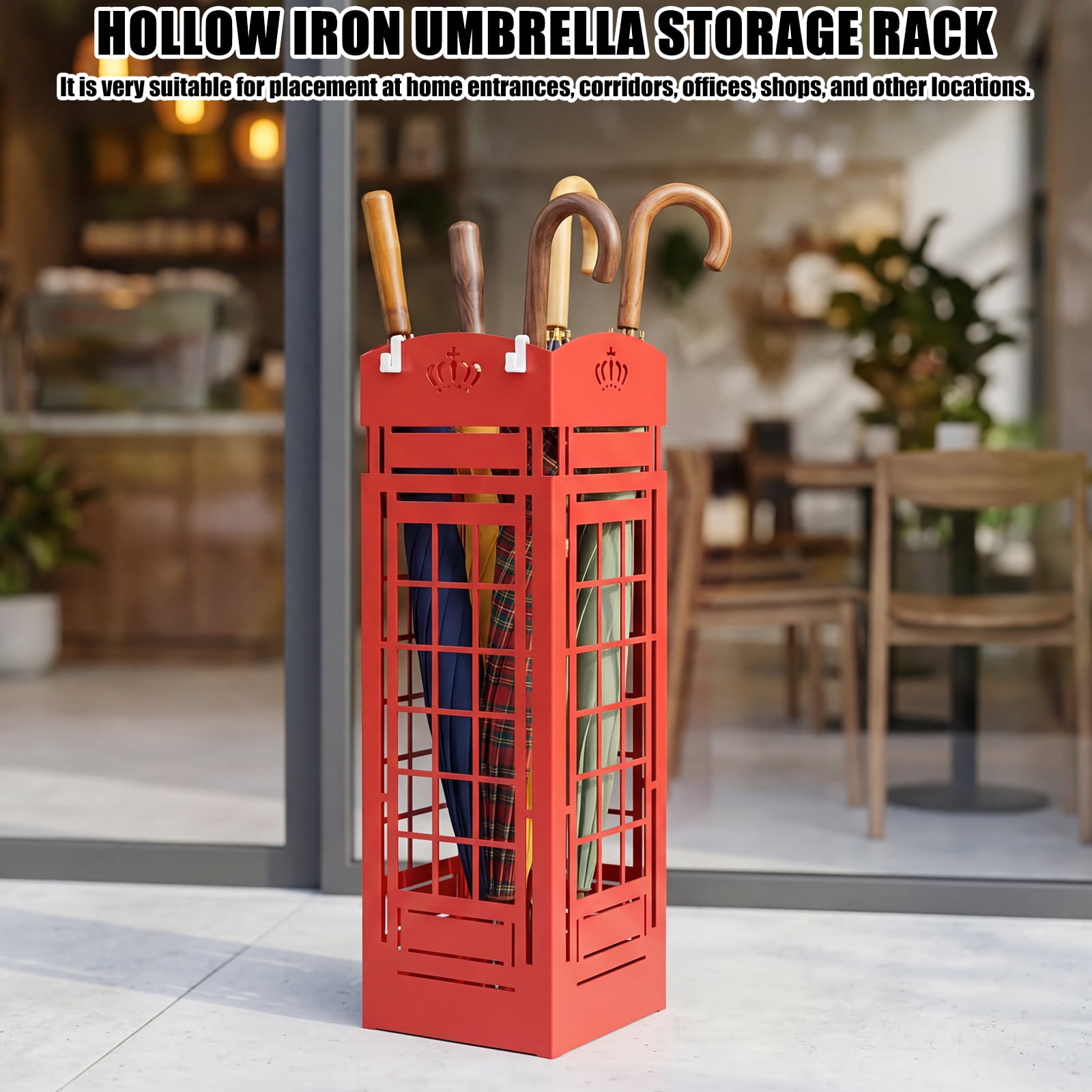 19.5" Tall Umbrella Stand, Metal Freestanding Umbrella Holder for Canes and Entryway Organization, Rustproof Cutout Design, Red