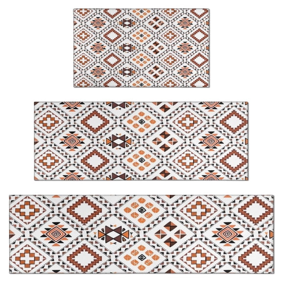 Brown Geometric Diamond Pattern Kitchen Rugs Sets Of 3,Kitchen Runner Rugs Non Skid Washable,Decorative Kitchen Floor Mats for Kitchen,Sink,Laundry,17"x30" 17"x47" 17"x59"