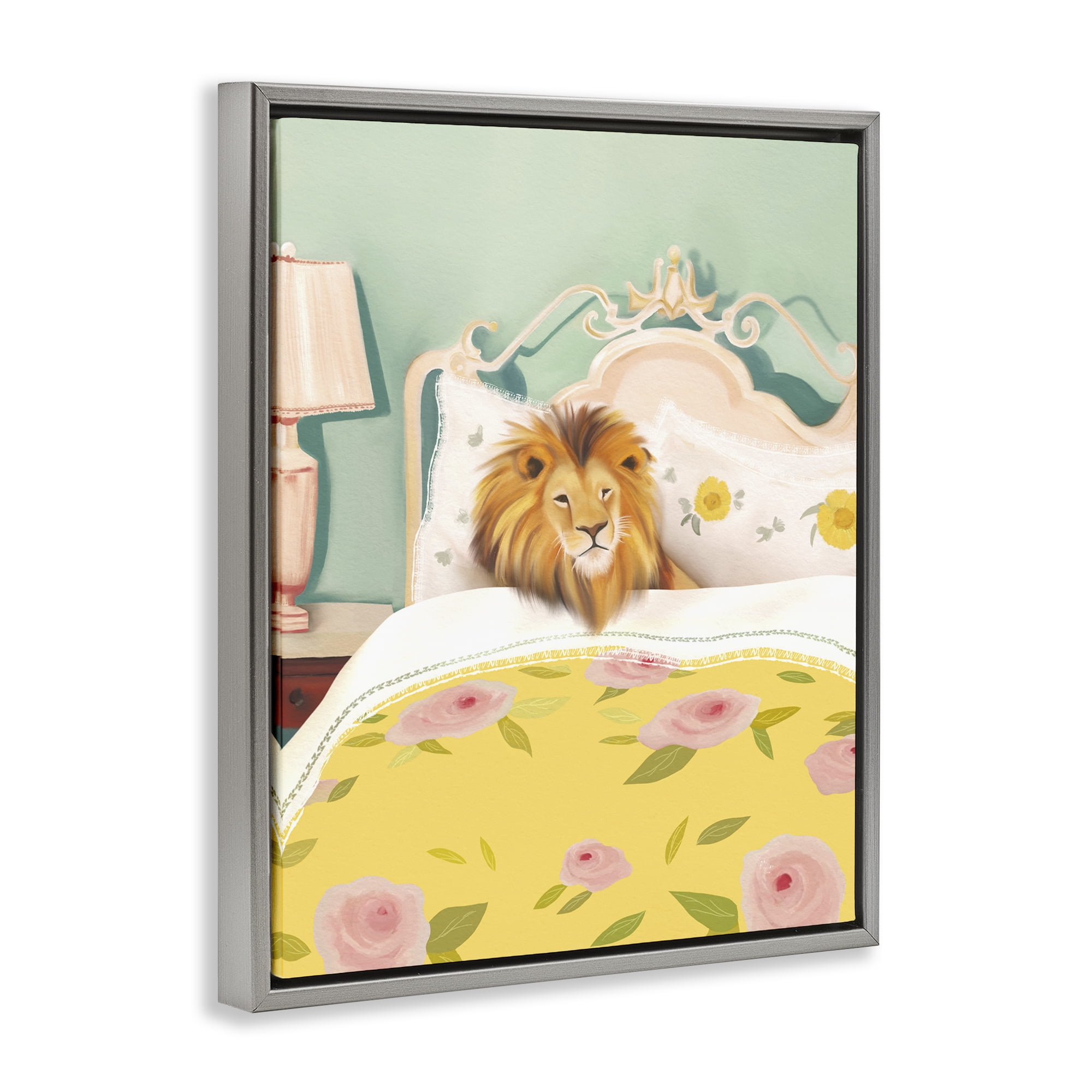 Good Morning Lion in Bed Gray Framed Floater Canvas Wall Art, design by Leah Straatsma