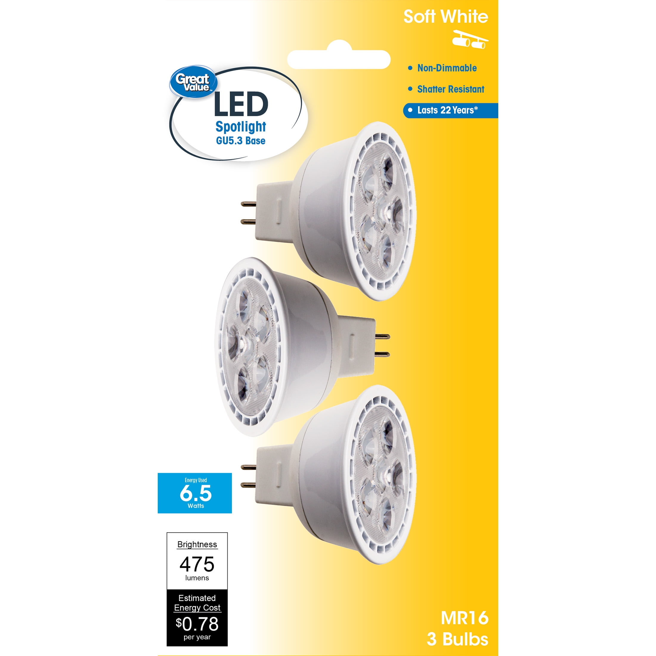 fles Sprong Melodramatisch Great Value LED Light Bulb, 5W (35W Equivalent) MR16 Lamp GU10 Base,  Dimmable, Soft White, 3-Pack - Walmart.com