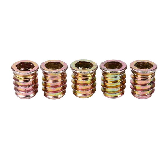 Set of 5 threaded insert M10 x 20 mm for wood,5 x nut,Brass color