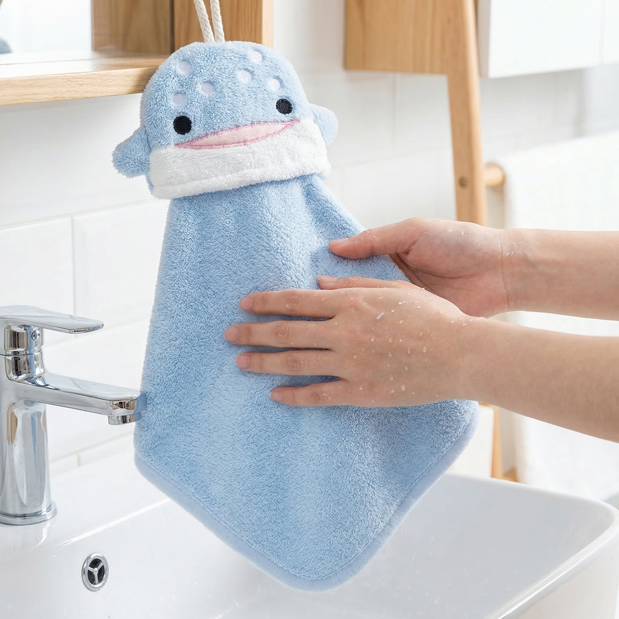 Unique Bargains Hanging Hand Towel Soft Absorbent Quick Dry Towel Blue Shark 15" x 8"