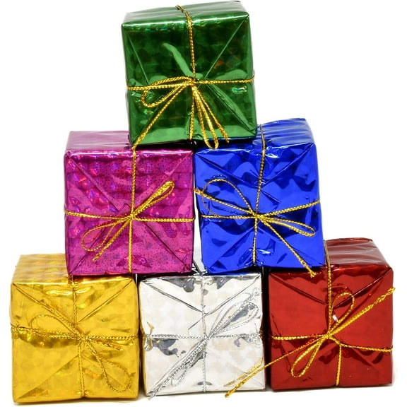 6pcs Christmas Foam Gift Box Shiny Large Boxes Ornaments 3.14inch Metallic Foil Wrapped Miniature Package Centerpiece for Xmas Tree Indoor Outdoor Hanging Pendant ,Random Color