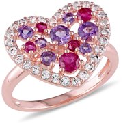 1-3/4 Carat T.G.W. Ruby and Amethyst and White Topaz with Rose Rhodium-Plated Sterling Silver Heart Ring