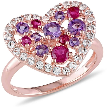 Tangelo 1-3/4 Carat T.G.W. Ruby and Amethyst and White Topaz with Rose Rhodium-Plated Sterling Silver Heart Ring