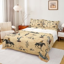 Castle Fairy Western Cowboy Twin Sheet Sets 3pcs for Adults Female Men,Vintage Aesthetic Twin Fitted Sheet Microfiber,Retro Botanical Cactus Breathable Flat Sheet,Super Cozy Room Decor