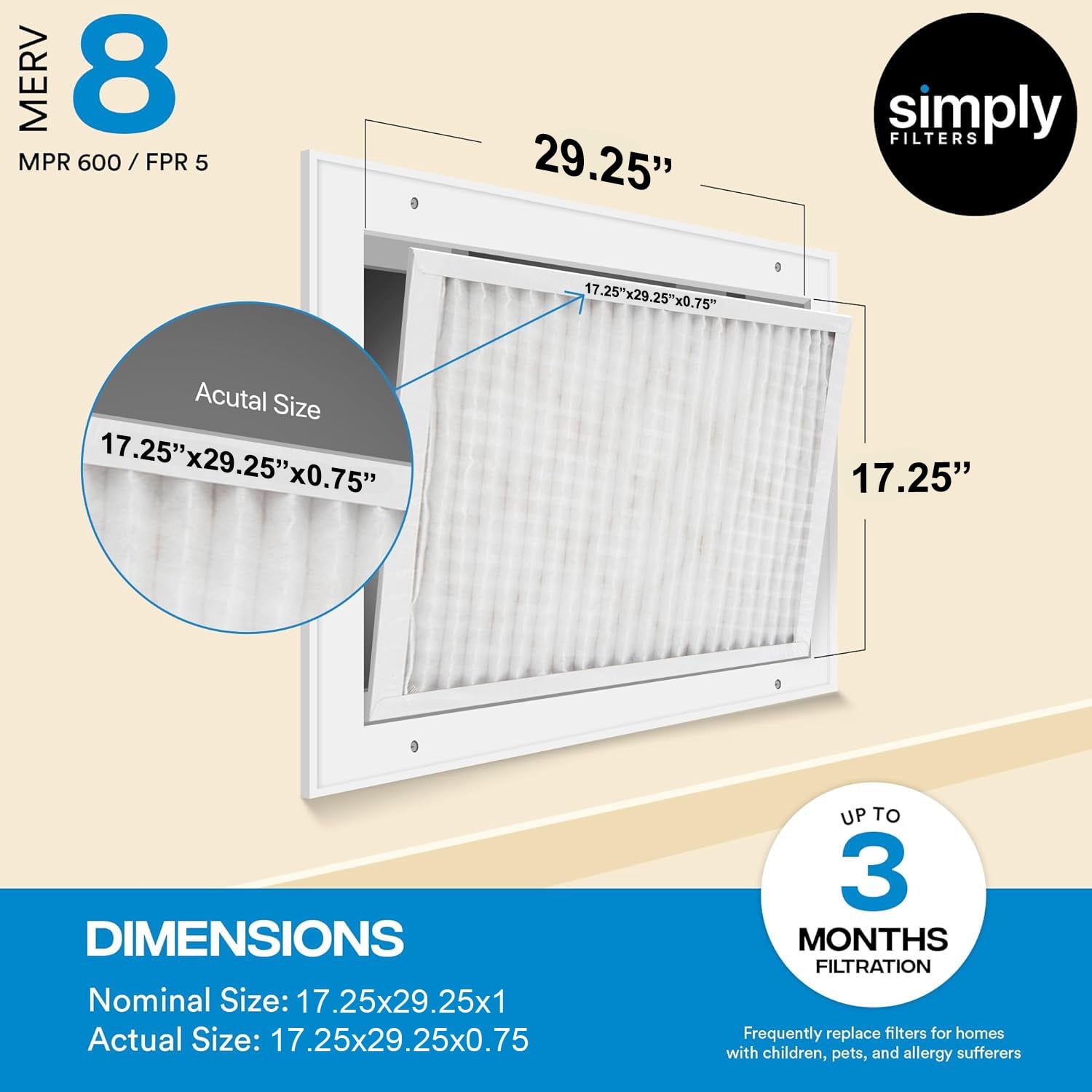 Simply Filters 17.25x29.25x1 MERV 8, MPR 600, AC Furnace HVAC Air Filter (2 Pack)