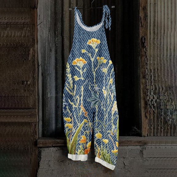 Iaqnaocc Overalls for Women Fall Summer Sleeveless Jumpsuits for Women Mushroom Loose Fit Plus Size Vintage Floral Print Jumpsuit Rompers Women Yellow M