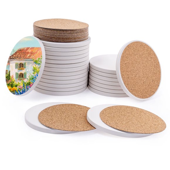 48 Pcs Ceramic Tile for Crafts Coasters, 4 Inch Unglazed Round Ceramic Coasters with 24 Pcs Cork Backing Pads, Blank Drink Cup Mat for DIY A