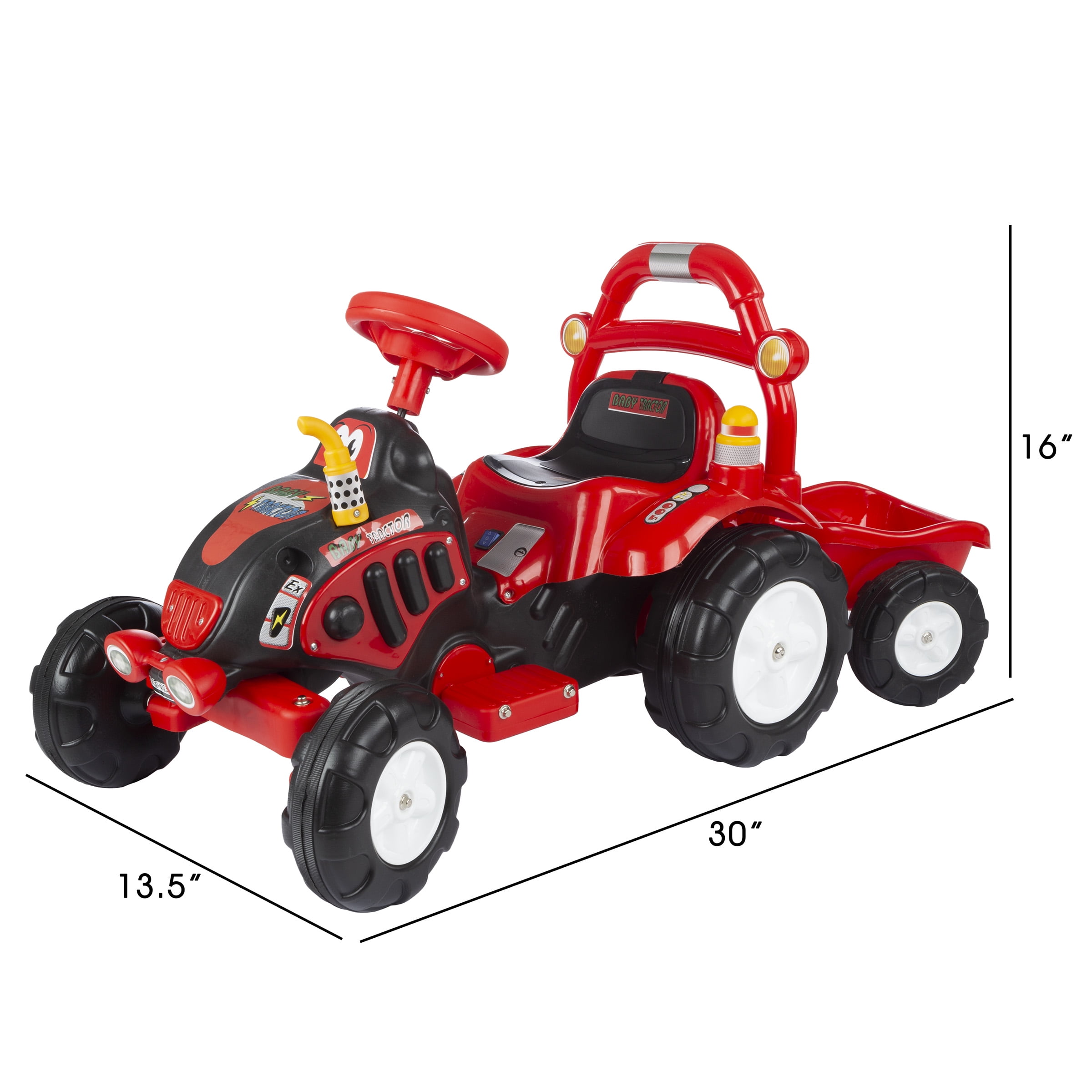 sit on toy tractor and trailer