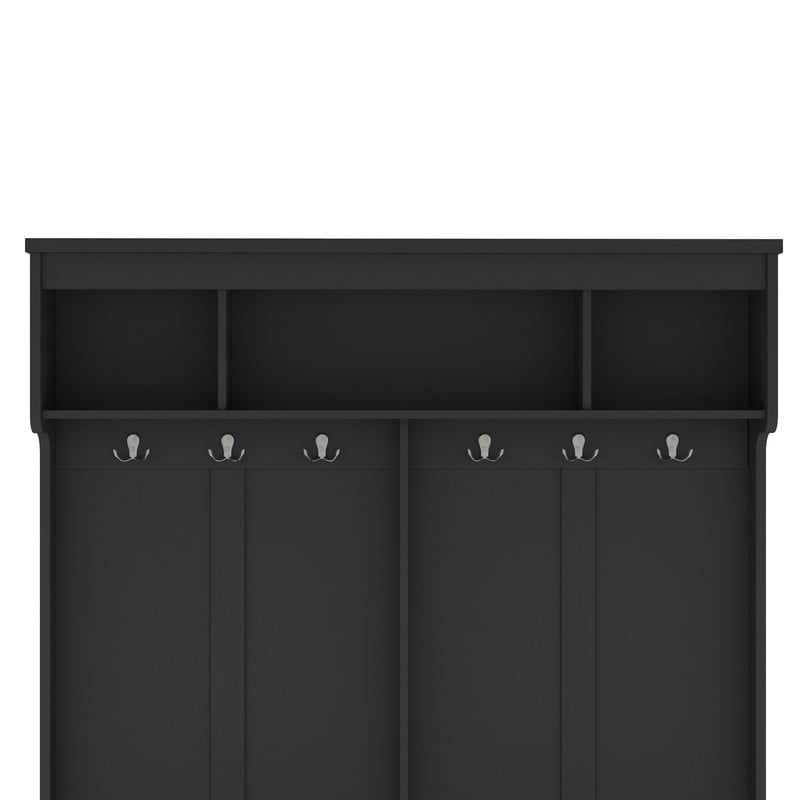 Modern Hall Tree with 6 Hooks, Entryway Coat Rack with Top Storage Space, Multi-Functional Mudroom Organizer Entryway Bench with Shoe Cubbies and Shelves for Hallway, Living Room