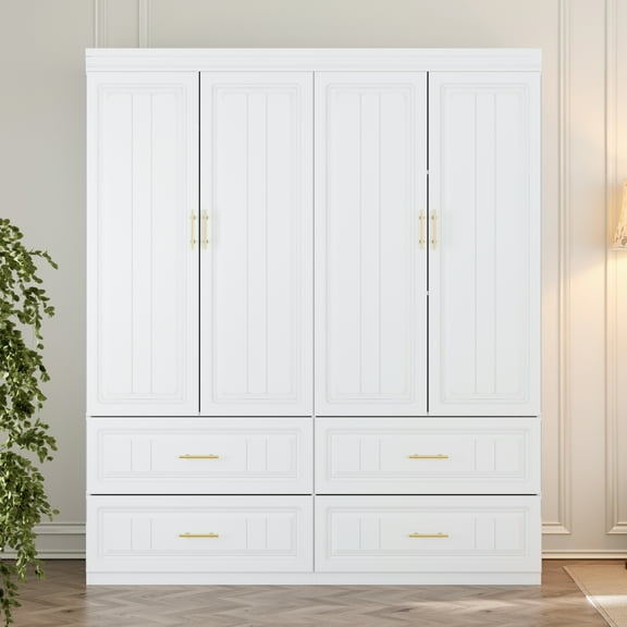 Oxylife 4-Door Wardrobe Armoire, Closet with Shelves and Drawers,Storage Cabinet with Rod for Bedroom, 93.3" H,White