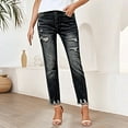 thumbnail image 4 of Women's Mid Rise Distressed Straight Leg Jeans with Raw Hem, Classic Blue Denim Casual Pants for Everyday Wear, 4 of 4