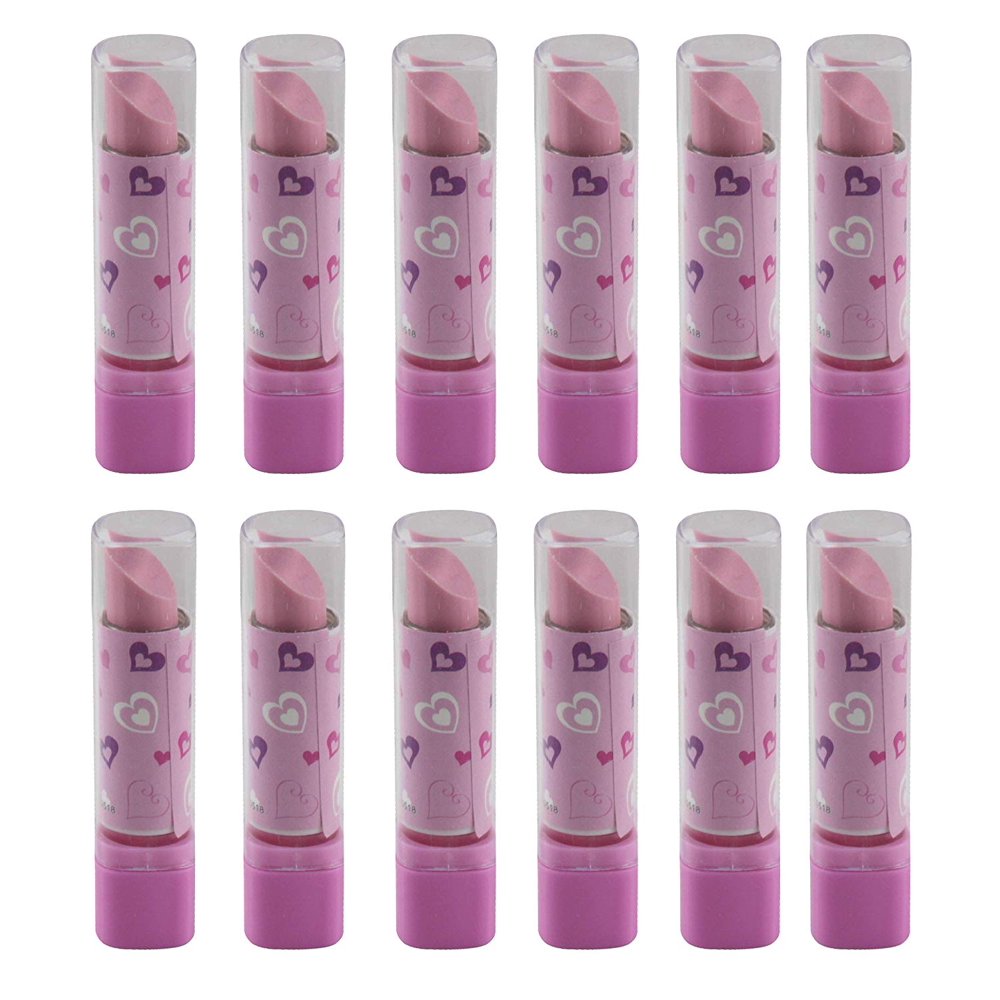 12 Lipstick Erasers Eraser in Windup Plastic lipstick Case Girls