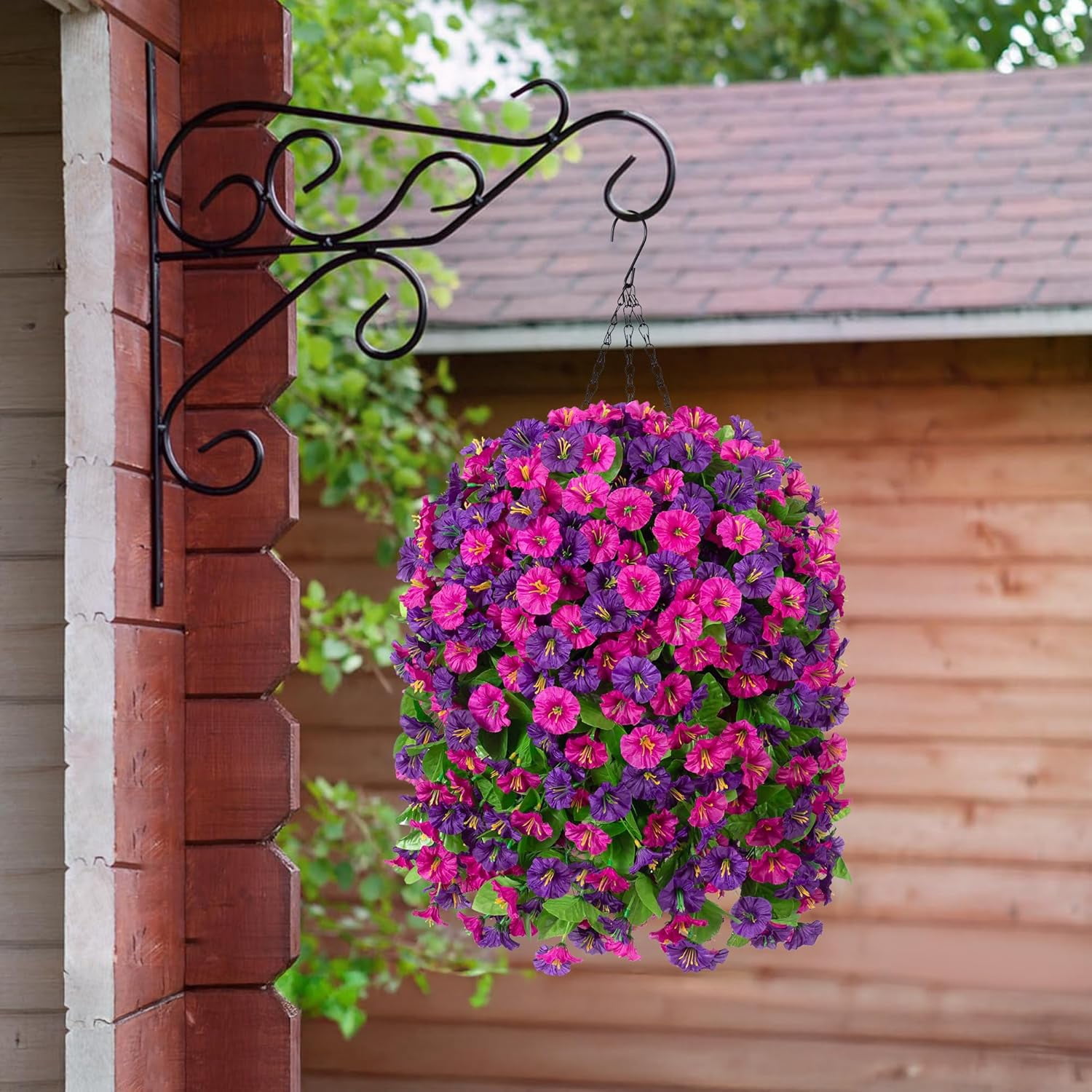 Artificial Fake Hanging Flowers Basket for Spring Decor, Faux Silk Flower in Planter for Summer, Outdoor Artificial Floral for Home Porch Yard